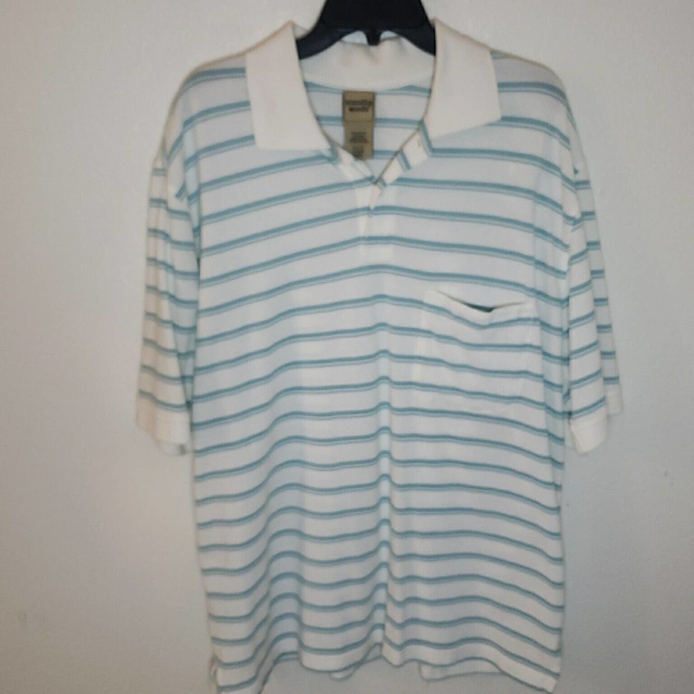 Scandia Woods Short Sleeve Pocket Polo Shirt Mens XLT Tall White Blue Striped